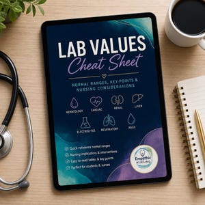 May include: A digital tablet displaying a Lab Values Cheat Sheet with white and purple text on a dark blue background. The screen features icons for hematology, cardiac, renal, liver, electrolytes, respiratory, and ABGs, plus a circular Empathic Nursing logo.