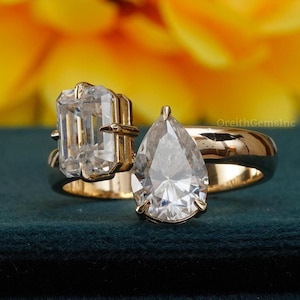 4.00 CTW Pear & Emerald Cut Diamond Ring, Toi Et Moi Engagement Ring, 14K Solid Yellow Gold Wedding Ring, IGI Certified CVD Diamond Ring