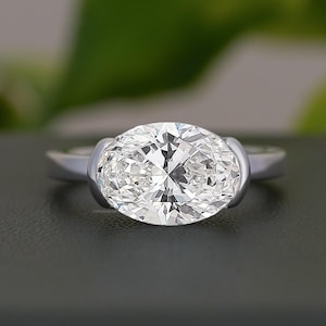 Oval Cut Diamond Engagement Ring 2.00 CT East West Diamond Wedding Ring Solitaire Diamond Half Bezel Set Ring 14K Solid Gold Ring For Her