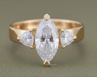 Three Stone Wedding Ring 2.00 CTW Marquise Cut Lab Grown Diamond Ring Certified Diamond Three Stone Ring 14K Solid Gold Ring Gift For Her