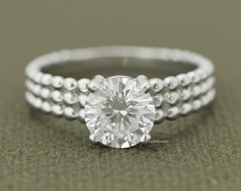 1.00 Ct Round Cut Lab Grown Diamond Ring, 14K Solid White Gold Beaded Band Ring, Three Row Diamond Engagement Ring, Bridal Wedding Ring