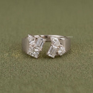 Anillo de oro macizo de 14 quilates con forma de cigarro, anillo abierto con diamantes cultivados en laboratorio, anillo grueso, alianza de boda con varias piedras, alianza apilable para novias, anillo único.