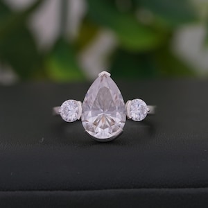 2.20 TCW Pear Cut Lab Grown Diamond Ring, CVD Diamond Three Stone Ring, Half Bezel Set Engagement Ring, Bridal Wedding Ring, Gift For Women