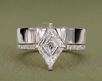 Anillo de compromiso con diamante talla lozenge y alianza de boda, conjunto nupcial con diamante cultivado en laboratorio, alianza con abertura, anillo de diamante talla lozenge antiguo, regalos de boda