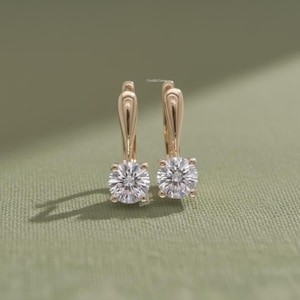 2 Carat Diamond Drop Earrings: Round Cut, 14k Gold Solitaire Diamond Drop Earrings, Round Hand Made Diamond Lever Back Earrings For Gift