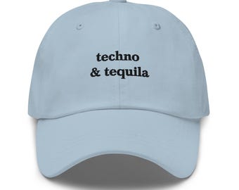Techno & Tequila Embroidered Dad Hat – Disco Lines Party Rave Festival Cap – EDM Streetwear Gift – Unisex Basshead Minimalist Funny Hat