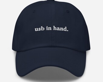 USB in Hand Embroidered Dad Hat – DJ Tech House Rave Cap – EDM Festival Streetwear – Unisex Clubwear Gift – Minimalist Techno Hat