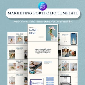 Plantilla de portafolio de marketing de Canva para estudiantes y profesionales del marketing. Creador de contenido generado por el usuario. Kit de medios. Diseño minimalista y editable.