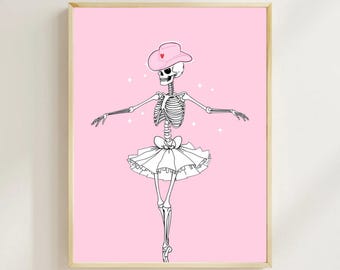 Arte de pared de Halloween: Esqueleto de vaquera, descarga digital, perfecto para decoraciones de Halloween en cualquier habitación.