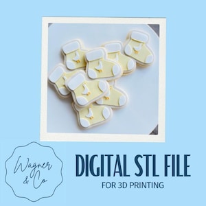 May include: Baby sock-shaped biscuits with yellow icing, white trim, and a small goose design. The biscuits are arranged on a white surface. The image also includes the text "DIGITAL STL FILE FOR 3D PRINTING".
