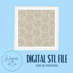 Op de afbeelding: Een digitale STL-bestand voor 3D-printen met een herhalend patroon van pootafdrukken. De pootafdrukken zijn omlijnd in een donkere kleur tegen een beige achtergrond. De tekst "DIGITAL STL FILE FOR 3D PRINTING" wordt vetgedrukt weergegeven.