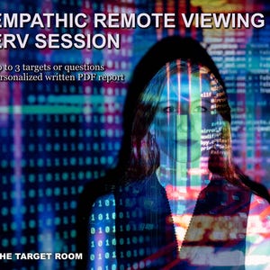 Op de afbeelding: Een digitale afbeelding met de tekst EMPATHIC REMOTE VIEWING ERV SESSION, Up to 3 targets or questions, Personalized written PDF report en THE TARGET ROOM. Een persoon is overgoten met blauwe en rode binaire code en datapatronen.
