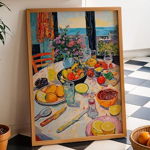 May include: A framed painting depicts a still life with a table set with fruit, drinks, and flowers. The painting is leaning against a wall next to a potted plant and a basket of oranges. The floor has a black and white checkered pattern.