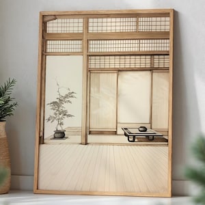 Könnte beinhalten: Ein gerahmter Druck einer japanischen Innenszene. Das Kunstwerk zeigt einen traditionellen Raum mit Holzbalken, Schiebetüren und einem kleinen Tisch. Die Farbpalette ist neutral, mit hellen Brauntönen und Weiß.