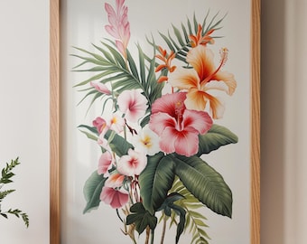 Póster de flores tropicales, estampado botánico, arte mural de hibisco y hojas de palmera, decoración floral imprimible brillante para dormitorio o sala de estar.