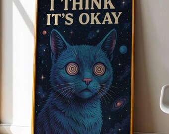 Trippy space cat wall print, Psychedelic galaxy poster for dorm or game room, Retro art hypno cat, I think it's okay inspiration home decor