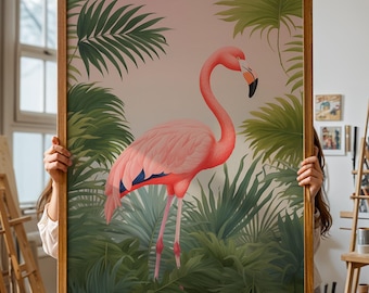 May include: A framed art print featuring a pink flamingo amidst lush green tropical foliage. The artwork has a light pink background and is encased in a wooden frame. The flamingo has black accents on its beak and wings.