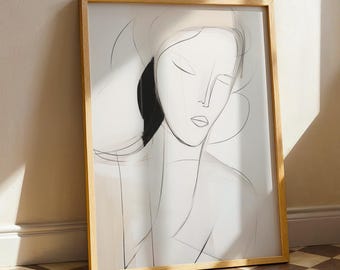 Retrato de mujer minimalista con arte lineal: Rostro abstracto, decoración neutra (descarga digital)