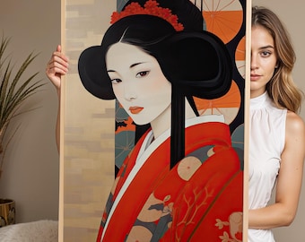 Japanische Geisha Wandkunst - Roter Kimono traditionelle Frau Druckbar für elegante Galeriewand - digitaler Download