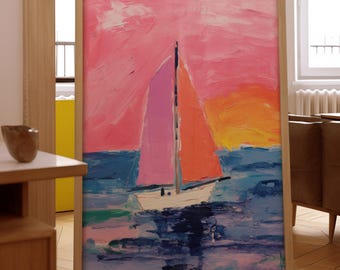Póster de paisaje náutico - Impresión artística con escena de velero al atardecer rosa para decoración de casa de playa - Dibujo costero e ilustración digital - Descarga