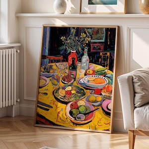 May include: A bright, airy interior with a large potted plant, framed artwork, and a sofa. The room features a large window, a wooden coffee table, and a colorful painting of a table setting. The overall aesthetic is modern and inviting.