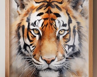 May include: Watercolor painting of a tiger's face in a wooden frame. The tiger has orange and black stripes, with a white muzzle and yellow eyes. The artwork is displayed on a beige wall.