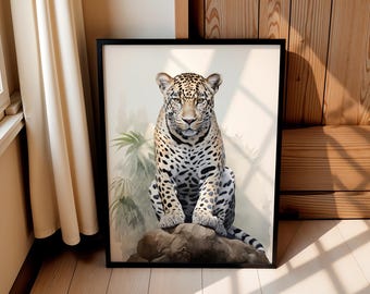 Watercolor Jaguar Printable Wall Art - Neutral Animal Decor - Jungle Big Cat Digital Download for Living Room or Office
