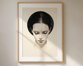 Geometryczny portret kobiety do druku na ścianie – czarno-biały, nowoczesny, abstrakcyjny plakat do pobrania w wersji cyfrowej
