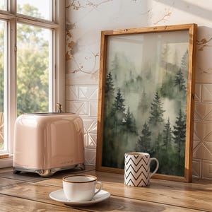 Misty Forest Watercolor Printable Wall Art - Moody Green Landscape Digital Download - Nature Inspired Decor for Bedroom or Office