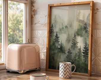 Nebliger Wald Aquarell druckbare Kunst - stimmungsvolle grüne Landschaft digitaler Download - Natur inspirierte Dekoration für Schlafzimmer oder Büro