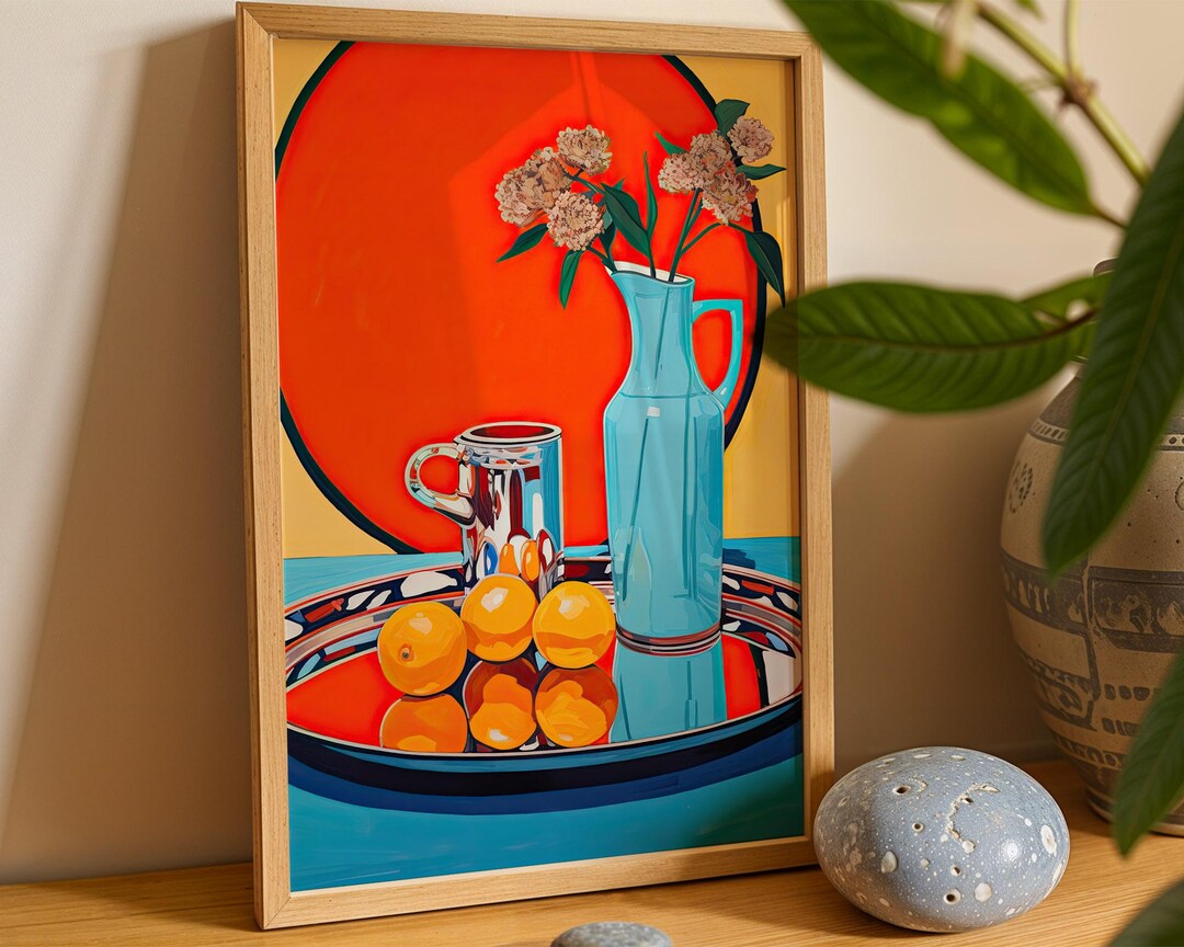 Citrus Still Life Poster - Bright Orange With Blue Vase Kitchen Art ...