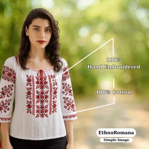 Handmade Romanian Blouse – Red & Black Folk Embroidered Linen Top – Traditional Peasant Shirt for Women
