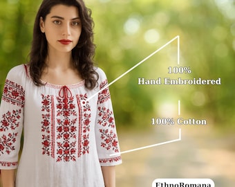 Handmade Romanian Blouse – Red & Black Folk Embroidered Linen Top – Traditional Peasant Shirt for Women