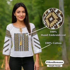 Handmade Embroidered Linen Peasant Blouse: Romanian Folk Top