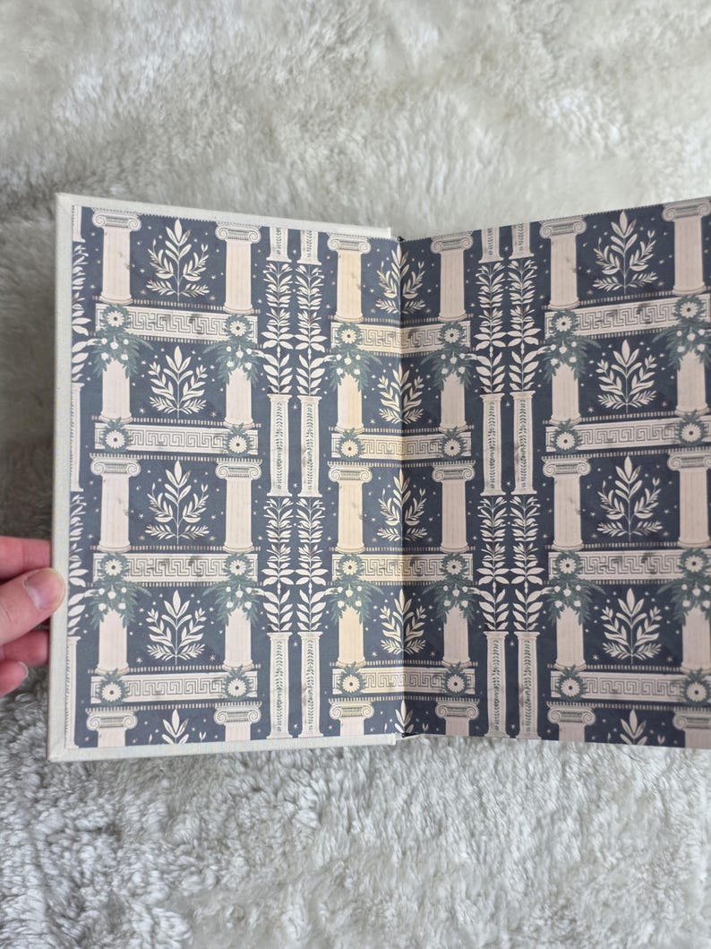 May include: Open book with a decorative pattern featuring white columns, floral elements, and a dark blue background. The design is symmetrical and detailed, with a classical aesthetic. The book's pages are open, revealing the interior design.