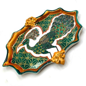 Vintage Peacock Wall Piece Ornament Small Dish Candy Sugar Tea handpainted handmade butterfly peacock 24k german gold luster porcelain image 3