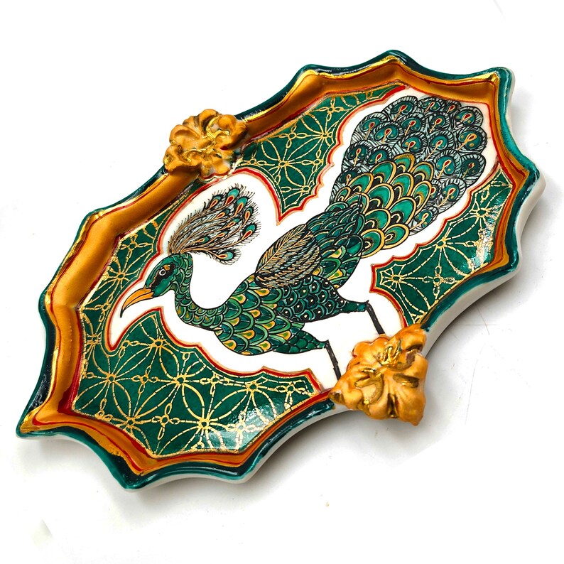 Vintage Peacock Wall Piece Ornament Small Dish Candy Sugar Tea handpainted handmade butterfly peacock 24k german gold luster porcelain image 3