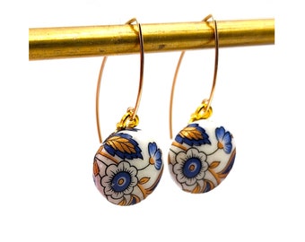 Porcelain Ear Dangles Blue Gold Flowers 14/20 Gold-Filled Wire | vintage handmade recycled European dinnerware fine metal simple floral