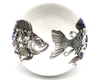 Serving Bowl | “Poisson En Mission” | Vintage Blue & Gold Flowers | Made to Order