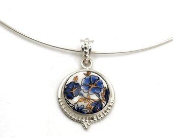 Necklace Blue Gold Flowers 925 Sterling Silver Wire Chain | vintage handmade recycled European dinnerware fine metal bezel simple floral