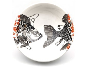 Serving Bowl | “Poisson En Mission” | Vintage Red & Gold Flowers | Made to Order