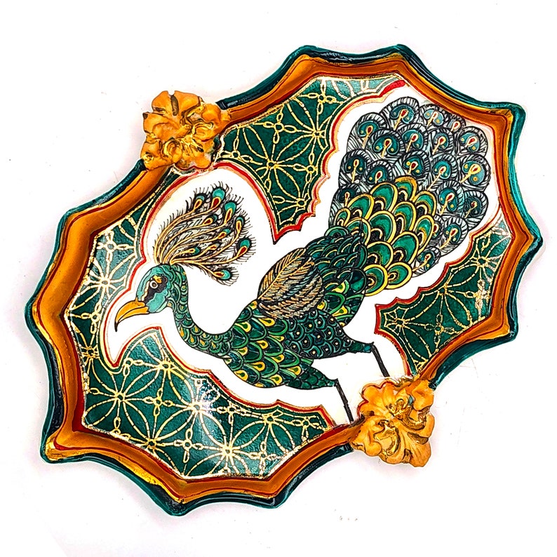 Vintage Peacock Wall Piece Ornament Small Dish Candy Sugar Tea handpainted handmade butterfly peacock 24k german gold luster porcelain image 4