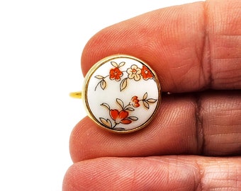 Ring Blue Gold Flowers Gold-Plated 925 Sterling Silver Round Size 6.5 vintage handmade recycled European dinnerware fine metal bezel floral