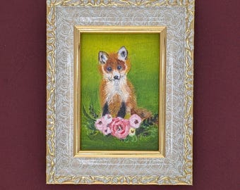 Cute fox painting with flowers, perfect for woodland nursery decor, cottagecore wall art, and unique gift ideas.