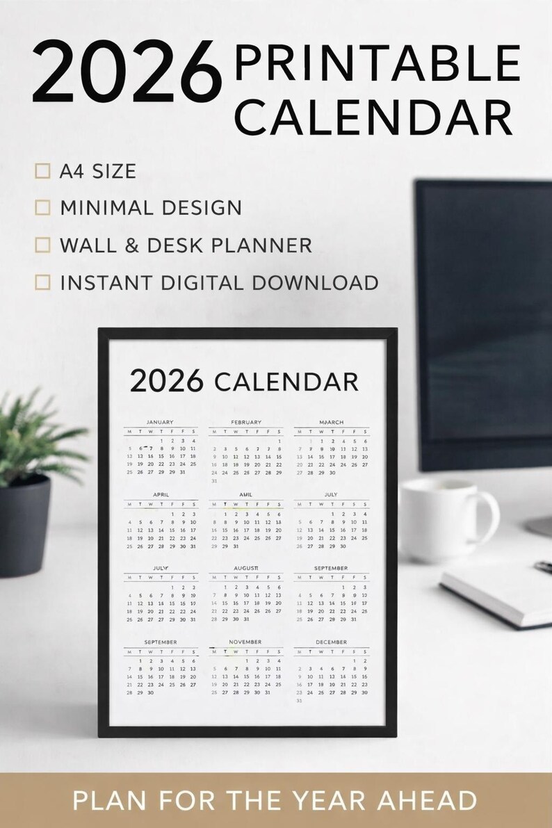 2026 Printable Calendar | A4 Minimal Yearly Calendar | Digital PDF Wall ...
