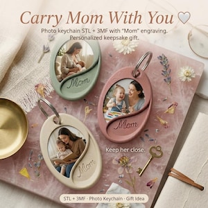 Peut inclure: Porte-clés photo ovales de couleurs pastel, chacun avec une photo et le mot "Mom" gravé. Les porte-clés présentent des images d'une mère et de son enfant. Le texte "Carry Mom With You" et "Keep her close" sont également visibles.