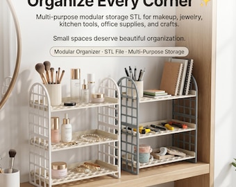 May include: Two three-tiered modular storage shelves with arched sides and a grid pattern. The white shelf holds makeup and jewelry, while the gray shelf contains office supplies and notebooks. Text reads: Organize Every Corner, Modular Organizer.