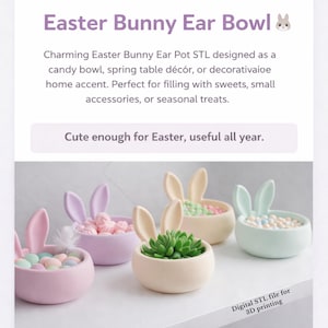 May include: A collection of pastel-colored Easter Bunny ear bowls. The bowls are in shades of pink, lavender, cream, and mint green. Some bowls are filled with candies and a succulent plant. The text reads "Easter Bunny Ear Bowl" and "Cute enough for Easter, useful all year."