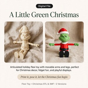 Pode incluir: Um arquivo digital para um brinquedo articulado imprimível em 3D com um personagem usando gorro e traje de Papai Noel. O conjunto inclui duas versões: uma em creme sólido e outra em verde, vermelho, preto e branco. Texto: Digital File, A Little Green Christmas, Flexi Toy.