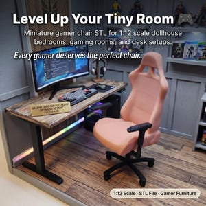 May include: A miniature 1:12 scale gamer chair with a light pink seat and backrest, featuring black armrests and a black five-point base with wheels. The chair is positioned in a dollhouse room setting with a desk, monitor, and keyboard.